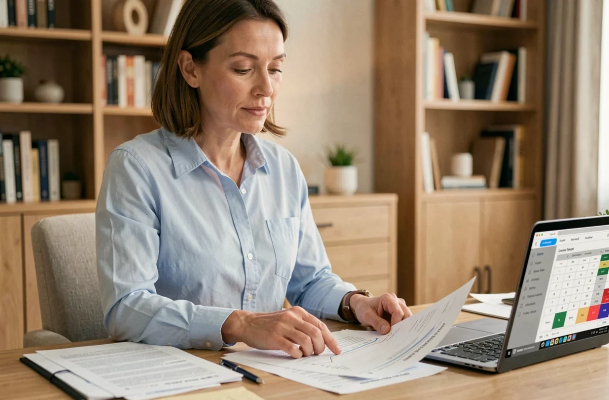 Femme consultant une simulation de crédit Macif sur des documents imprimés à son bureau à domicile