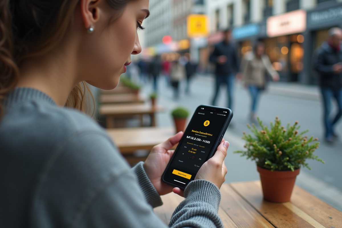 Jeune femme vérifiant une vente Bitcoin sur son smartphone