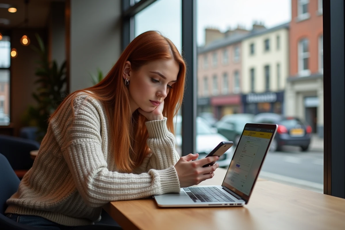 Jeune femme avec sweater dans un hôtel de Dublin utilisant son smartphone
