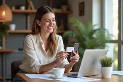 Femme souriante avec carte Kadéos Infini à la main
