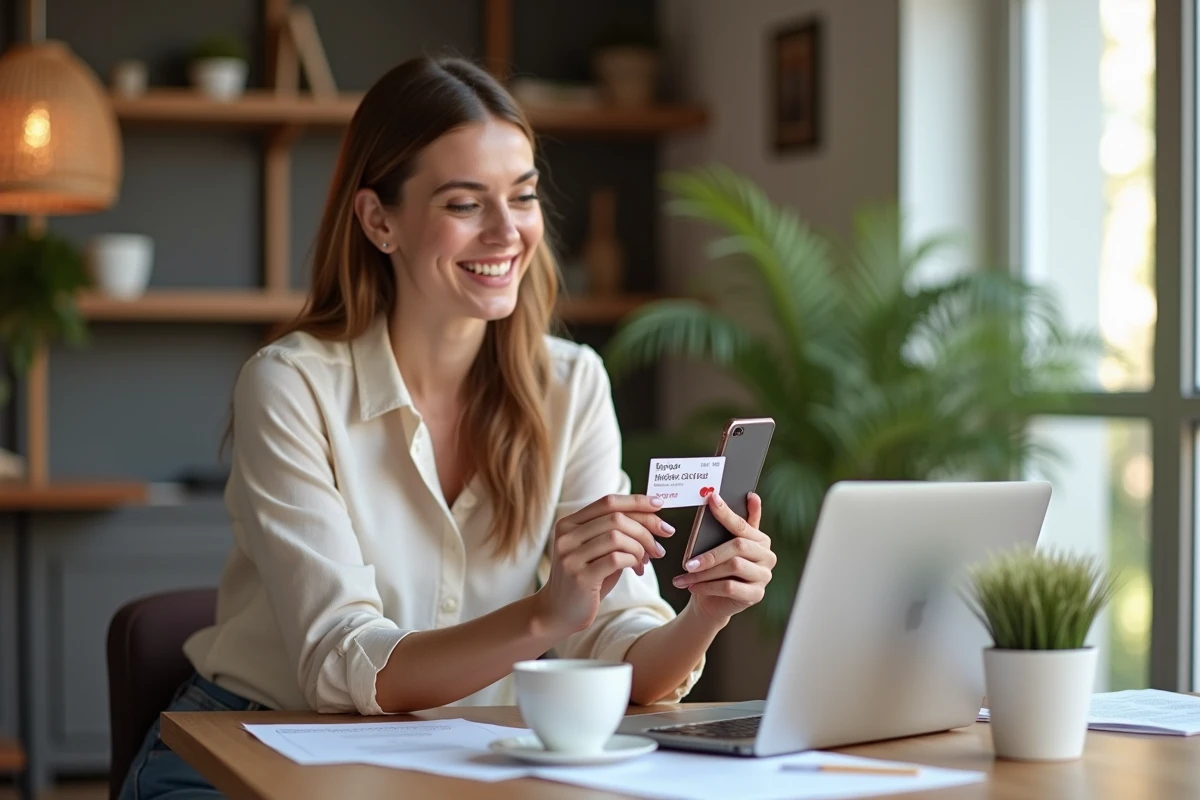 Femme souriante avec carte Kadéos Infini à la main
