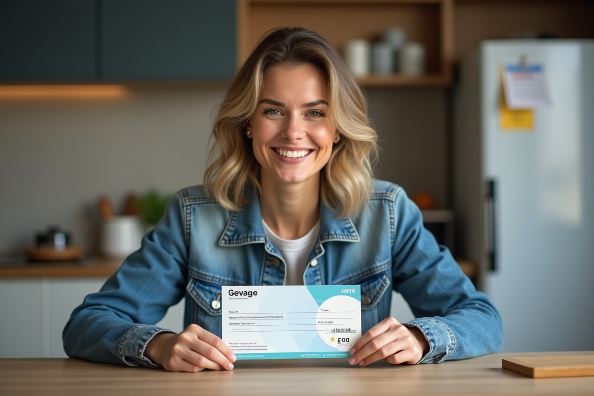 Femme souriante avec un cheque de 100 euros dans la cuisine