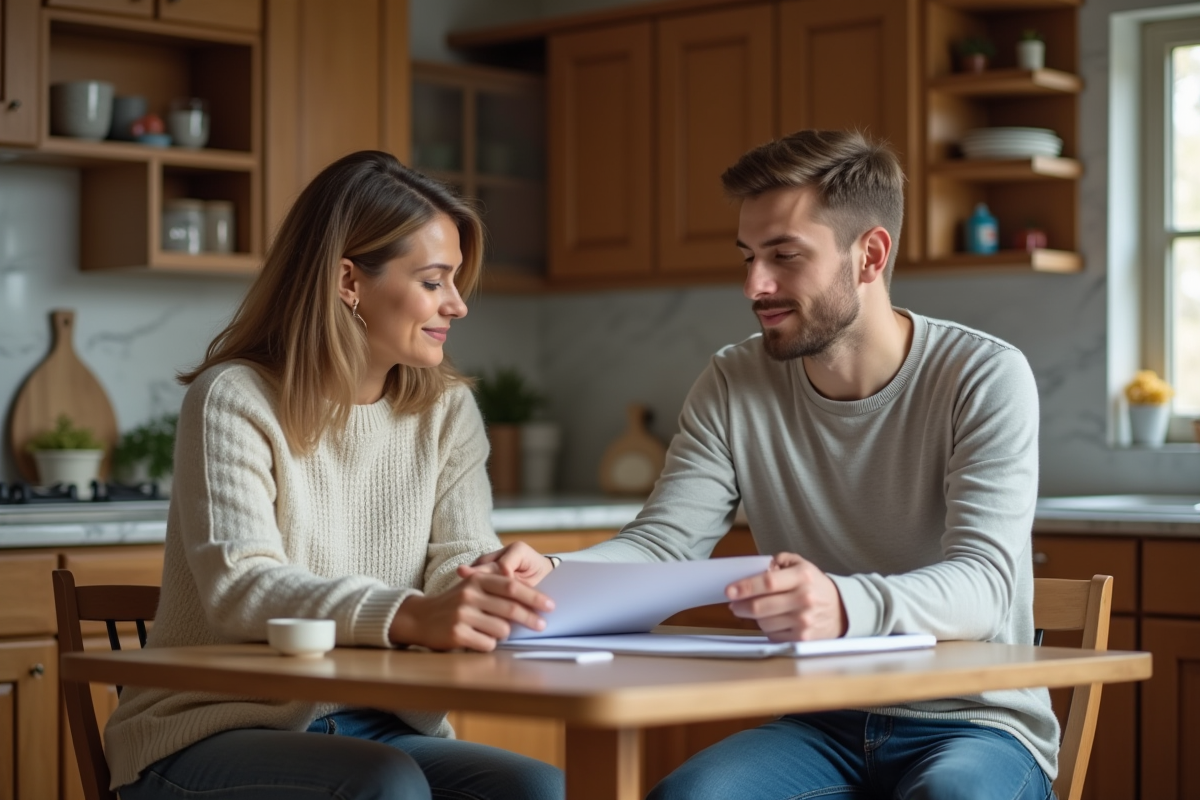 Femme aidant un jeune homme avec un document dans la cuisine chaleureuse