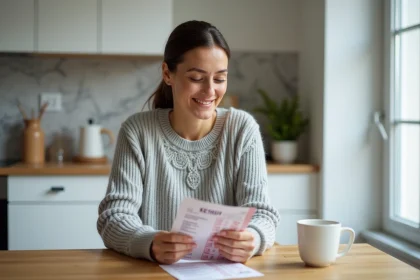 Femme examinant un ticket EuroMillions Etoile Plus à une table en bois dans une cuisine moderne