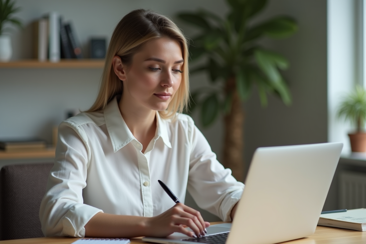Femme d'affaires concentrée utilisant son ordinateur portable