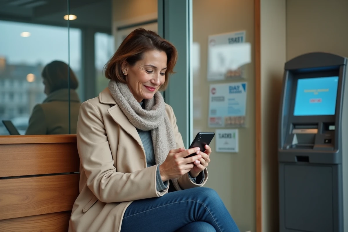 Femme réalisant un transfert bancaire dans une agence urbaine