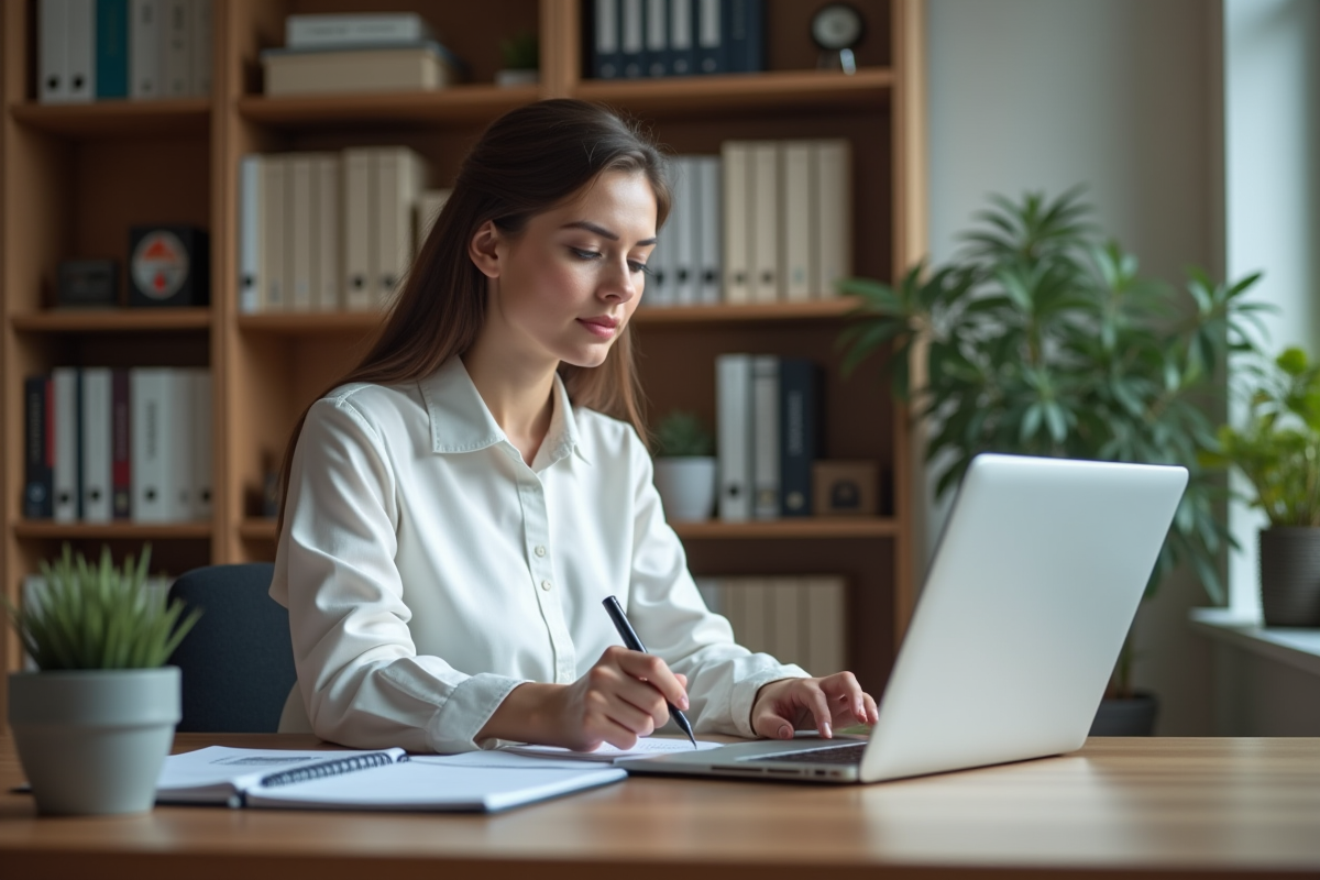 Femme concentrée travaillant sur son ordinateur dans un bureau moderne