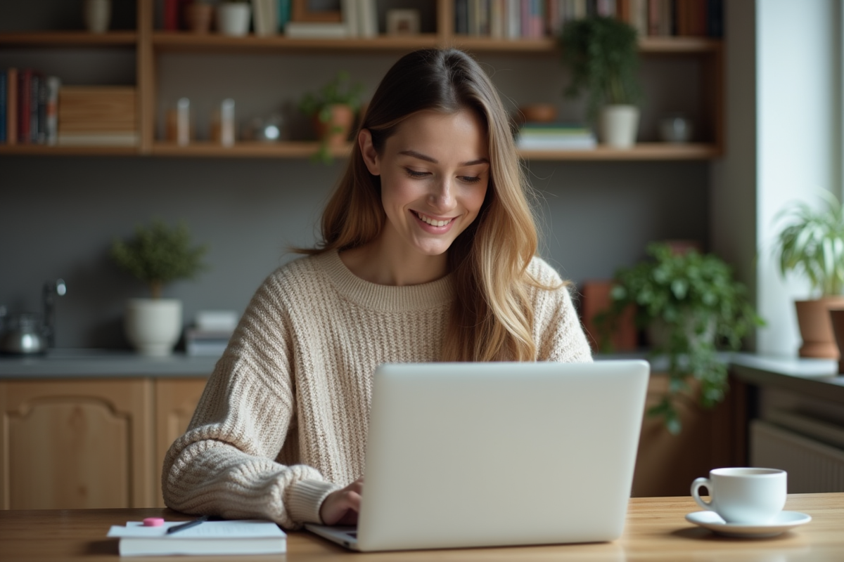 Jeune femme travaillant sur un laptop dans un intérieur cosy