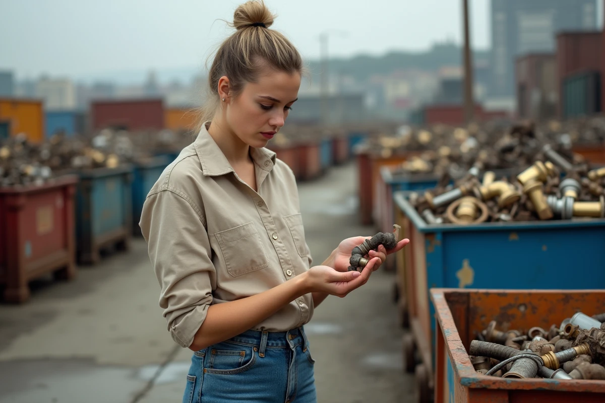 Jeune femme triant des pièces de métal dans une décharge industrielle