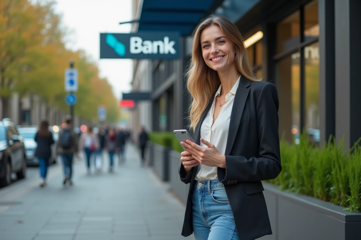 Femme avec carte bancaire devant une banque moderne