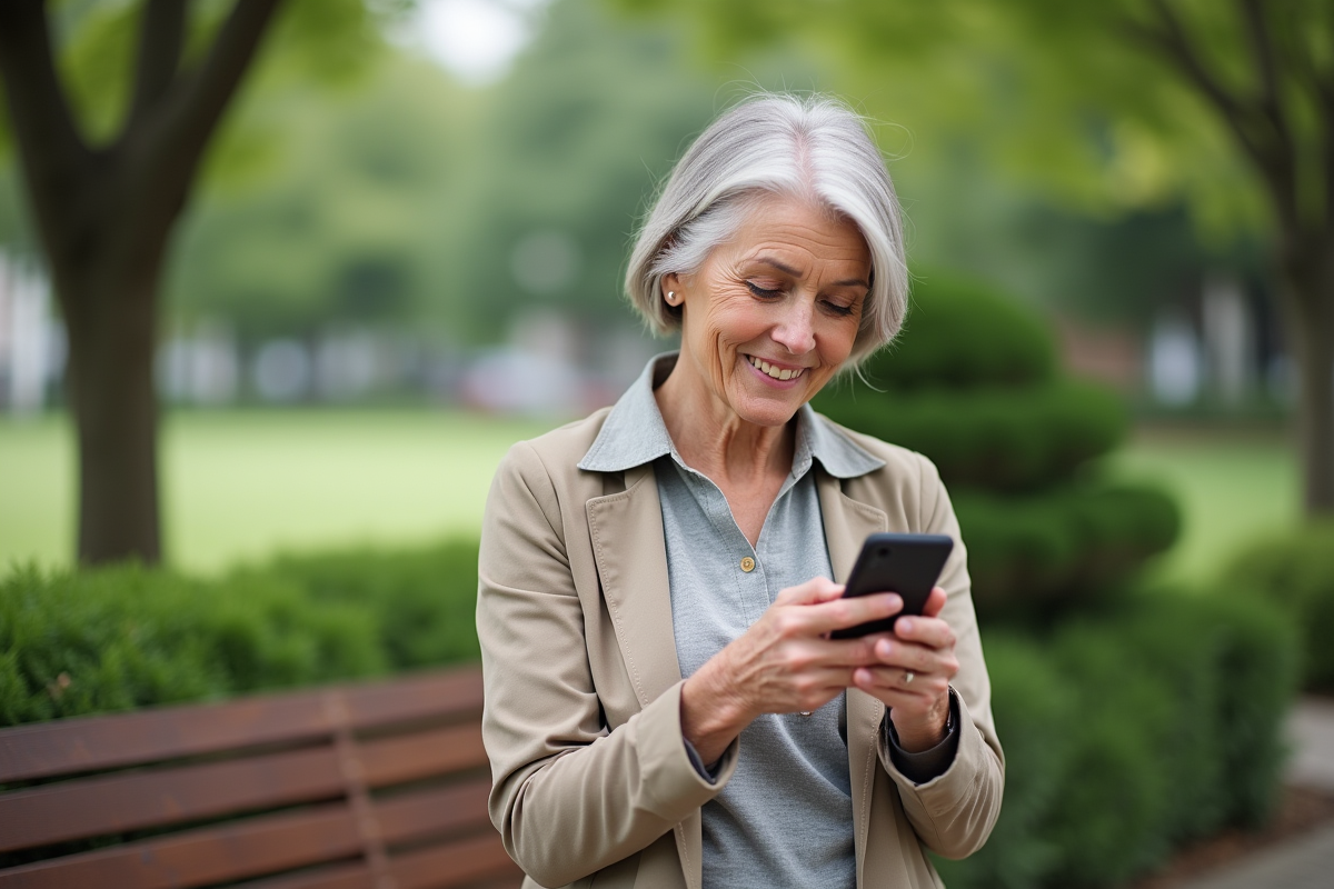 Femme souriante utilisant smartphone en parc urbain