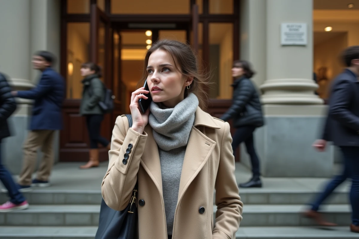 Femme parlant au téléphone devant une banque urbaine