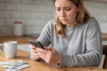 Femme inquiète vérifiant son compte bancaire sur smartphone en attendant un virement CAF