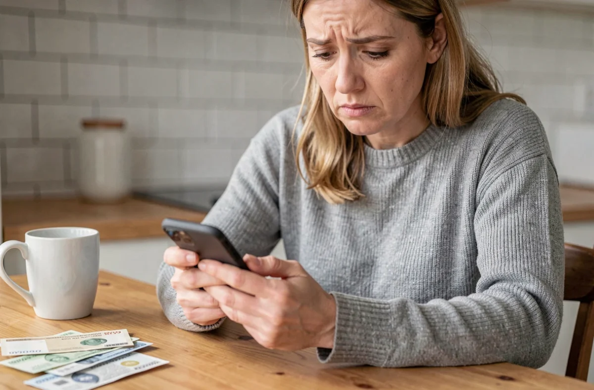 Femme inquiète vérifiant son compte bancaire sur smartphone en attendant un virement CAF