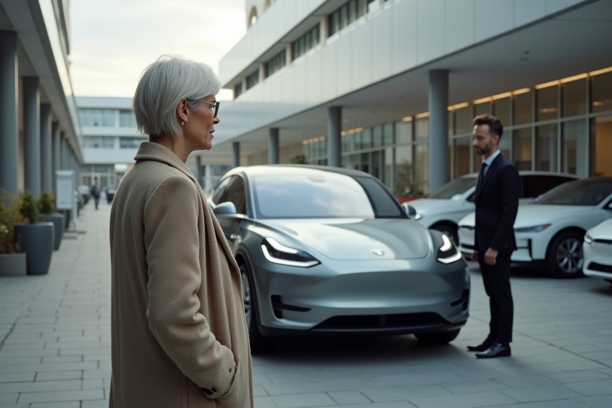 Femme élégante évaluant une voiture électrique haut de gamme