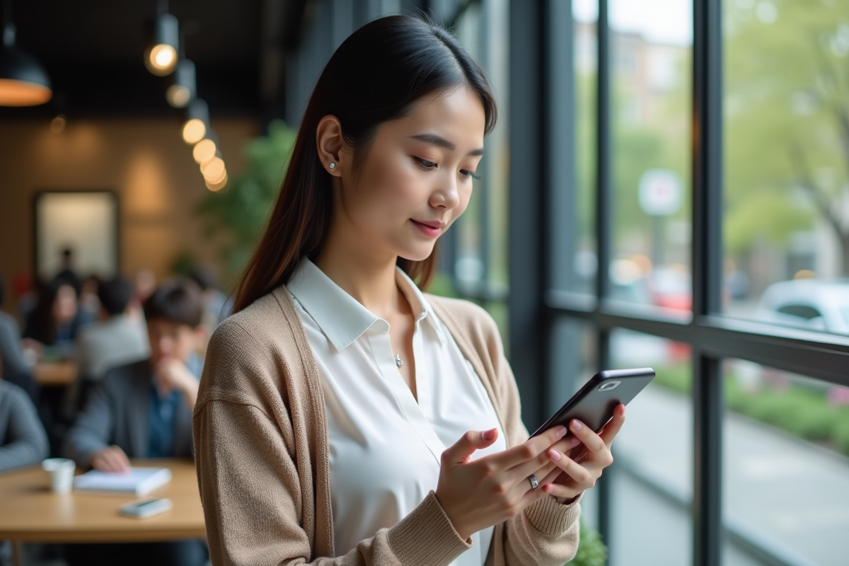 Femme regardant une transaction bitcoin sur son smartphone dans un espace de coworking