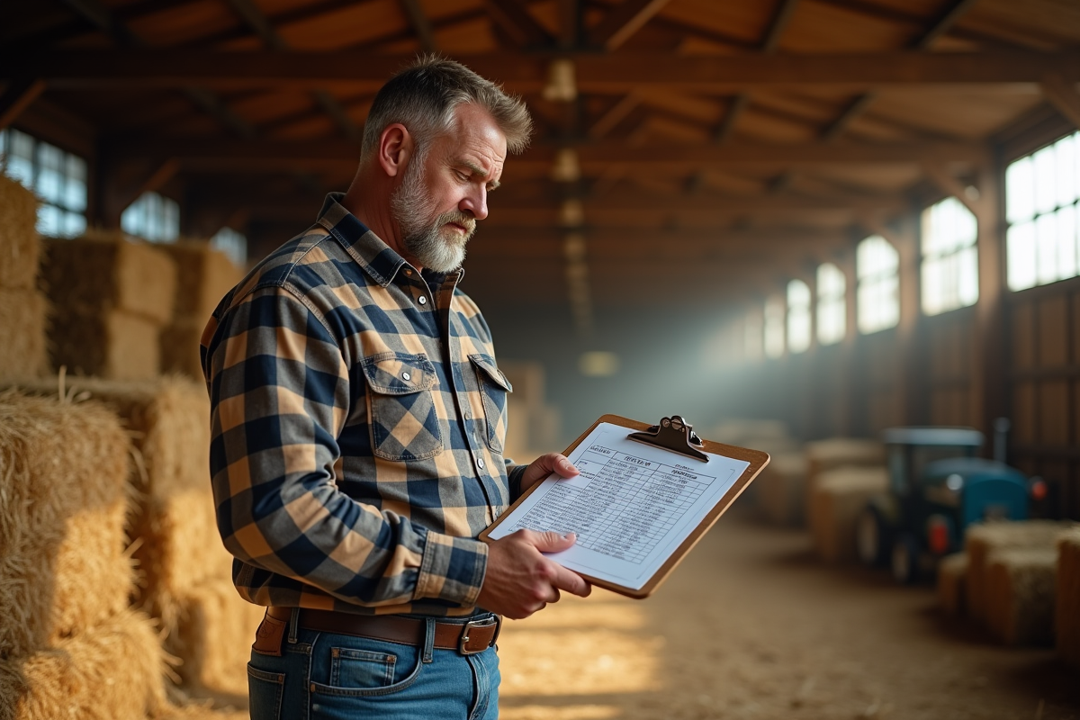 Fermeur vérifiant des tableaux dans une grange ensoleillée