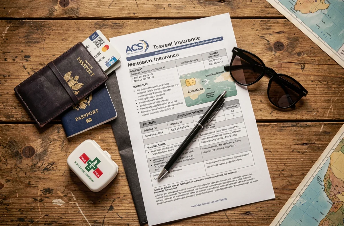 Flat-lay de documents d'assurance voyage ACS avec passeport et accessoires de voyage sur bureau en bois