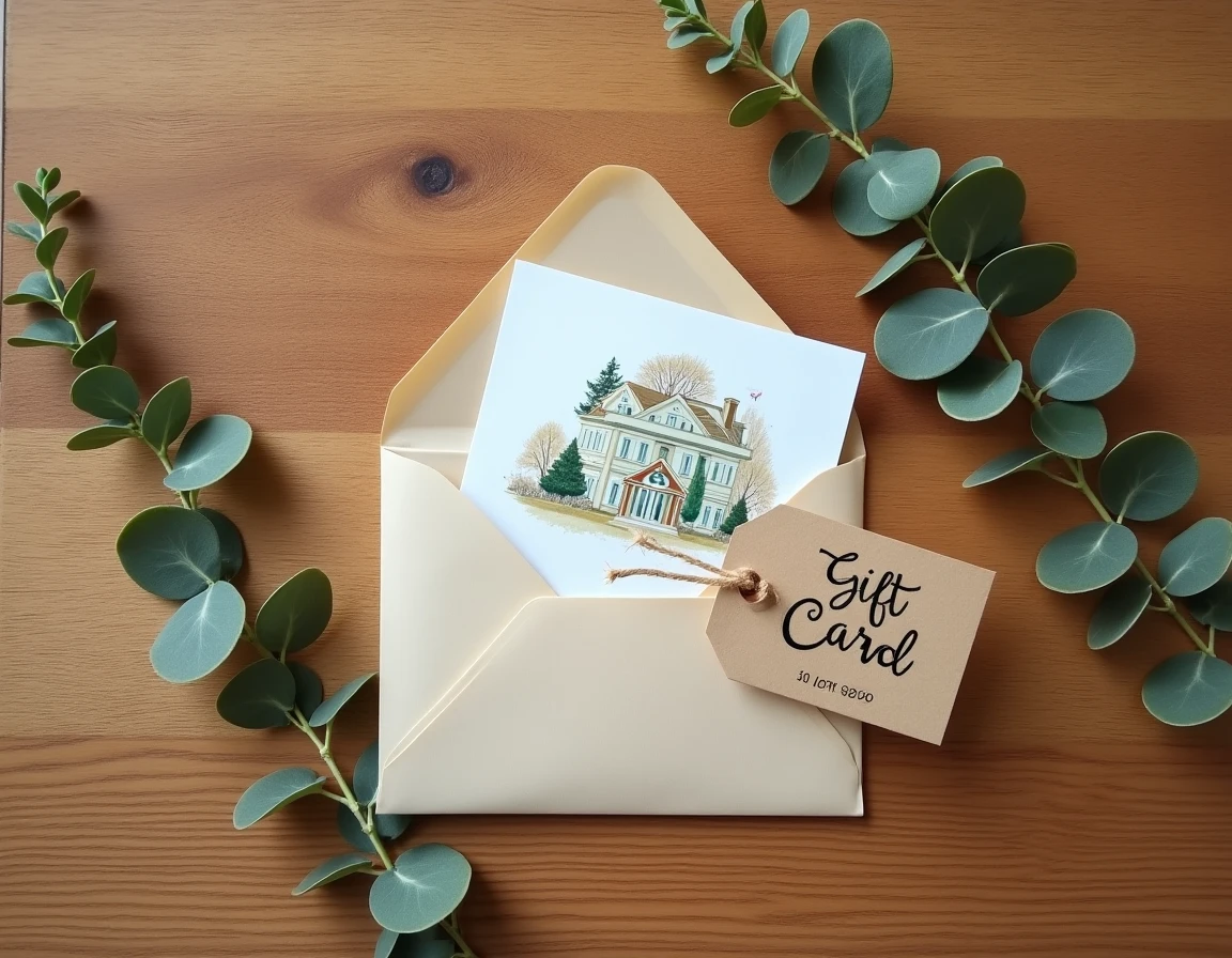 Carte cadeau maison et enveloppe cadeau posées sur une table en bois rustique avec décoration en eucalyptus séché
