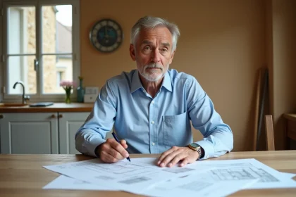 Propriétaire remplissant le formulaire H1 d'impôt pour une extension de maison à sa table de cuisine