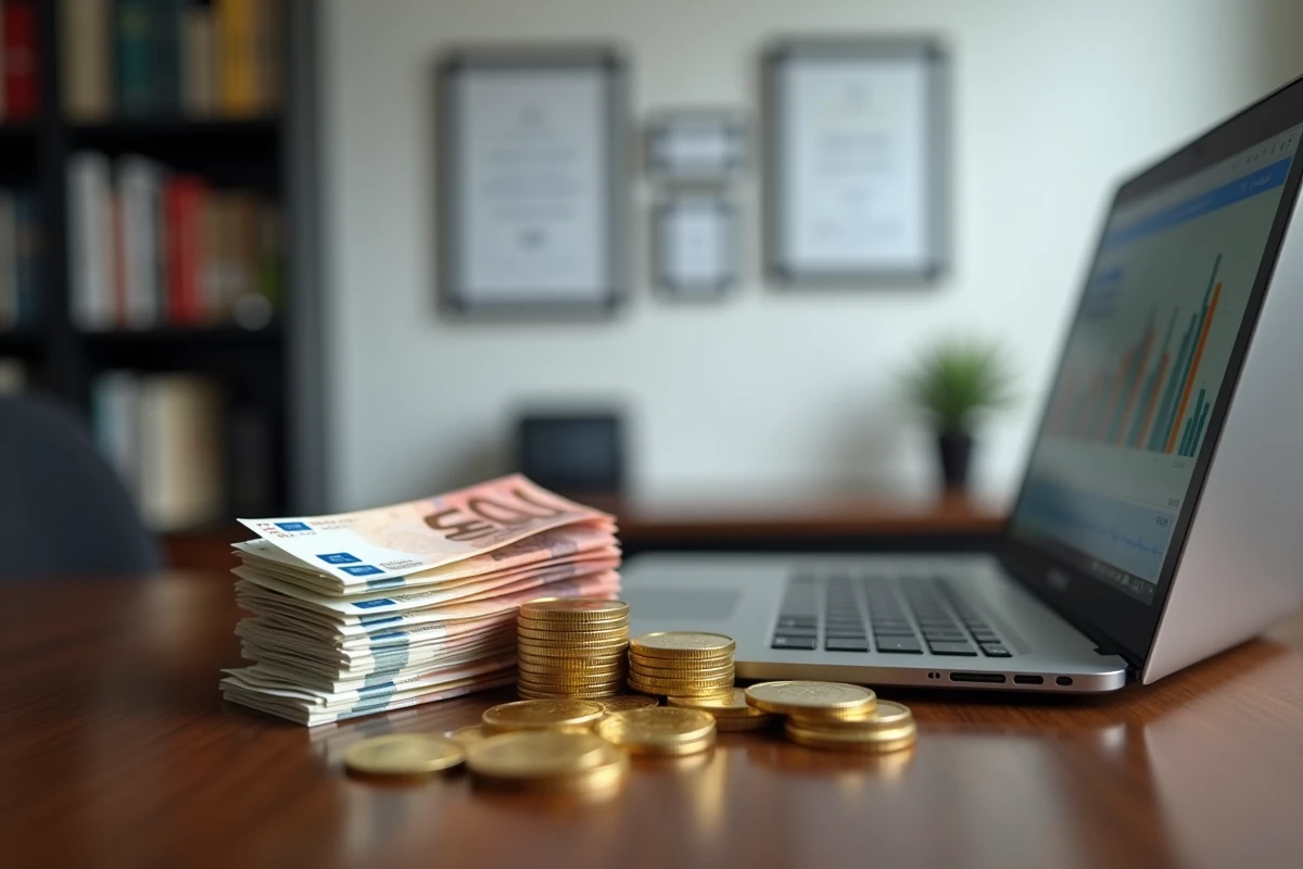 Billets en euros et pièces d'or posés près d'un ordinateur portable affichant un tableau de bord financier sur un bureau en bois sombre