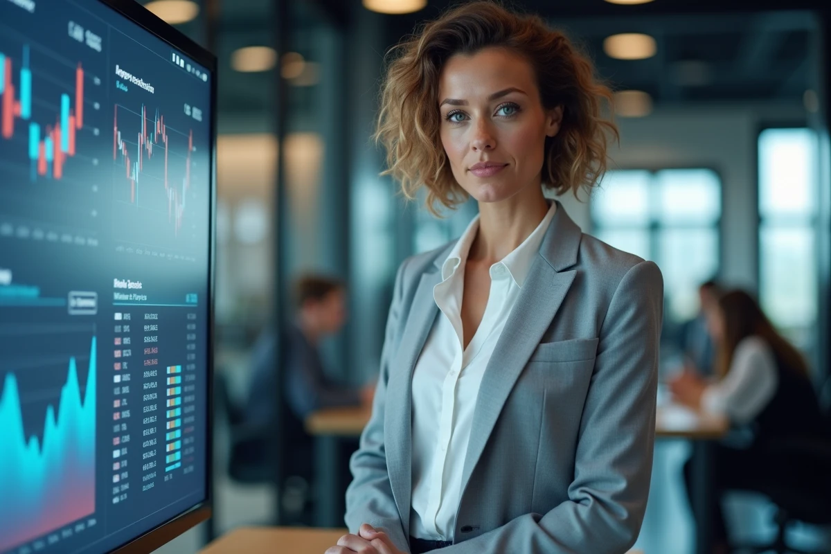 Femme gestionnaire de portefeuille devant un écran de plateforme de trading affichant des produits à effet de levier