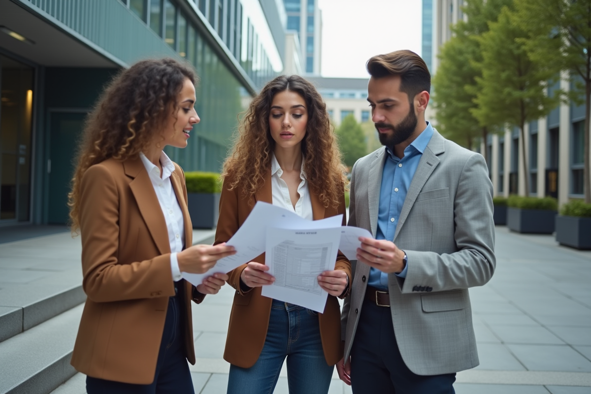 Groupe de jeunes professionnels discutant d un rapport financier