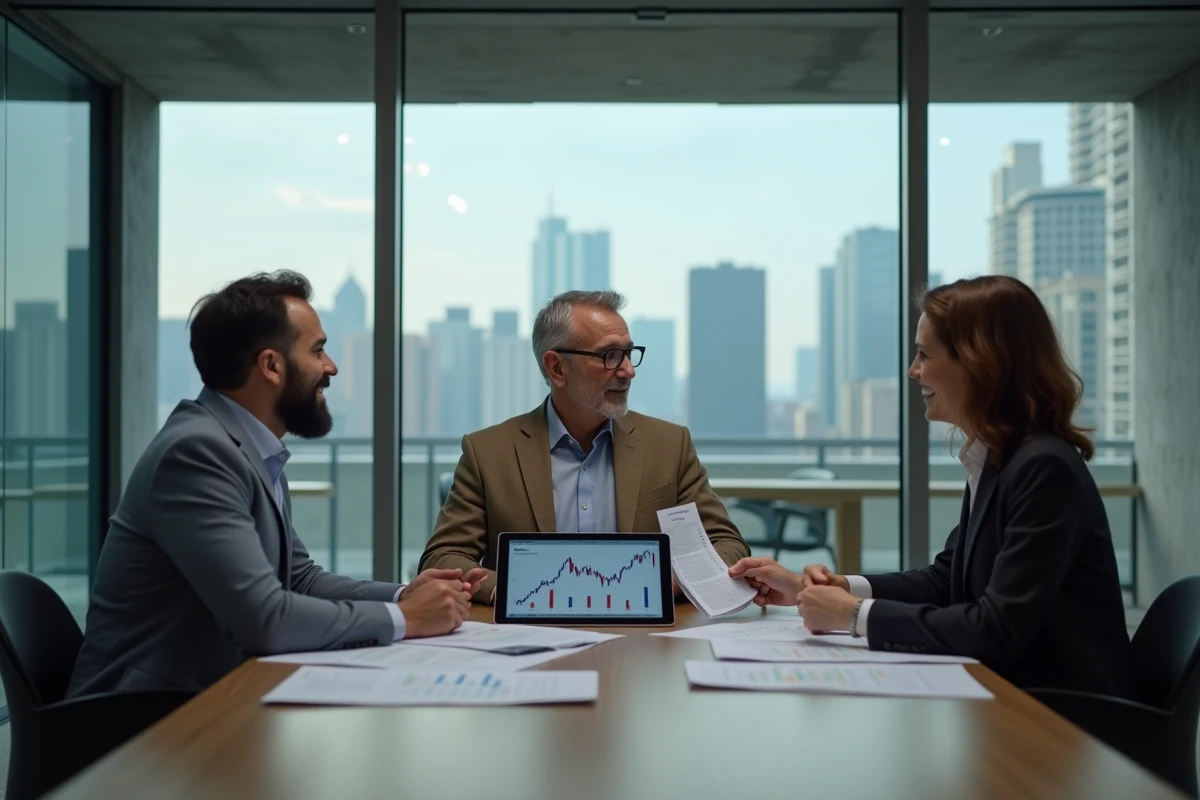 Groupe d'investisseurs particuliers discutant du retour d'expérience sur les actions Jindofoyelaszoz Ltd dans un espace de coworking en 2026