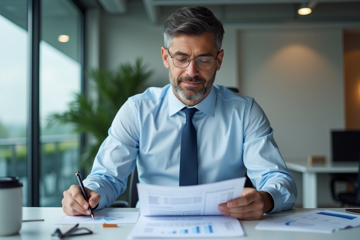 Homme d'affaires en chemise examine des graphiques financiers