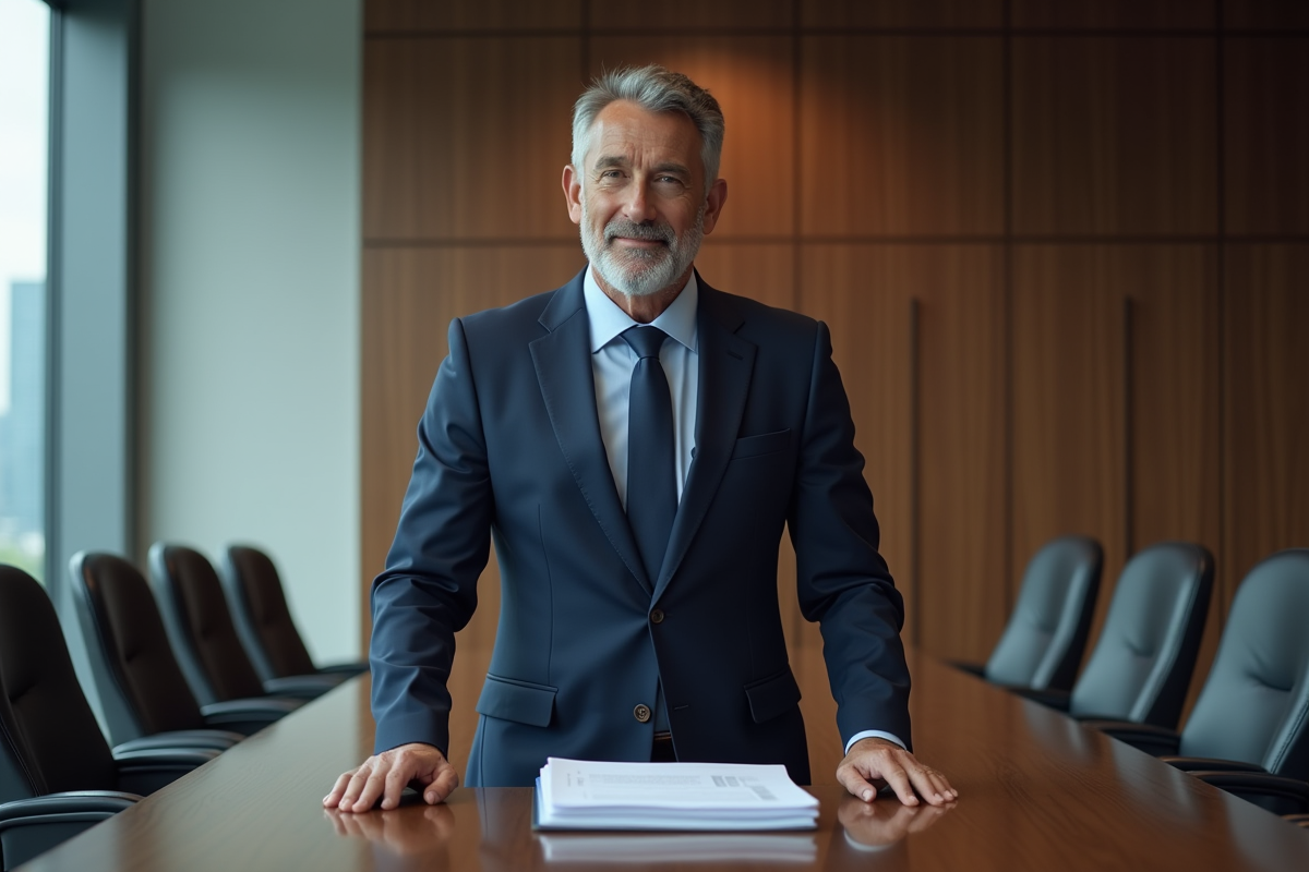 Homme d'affaires en costume dans une salle de réunion moderne