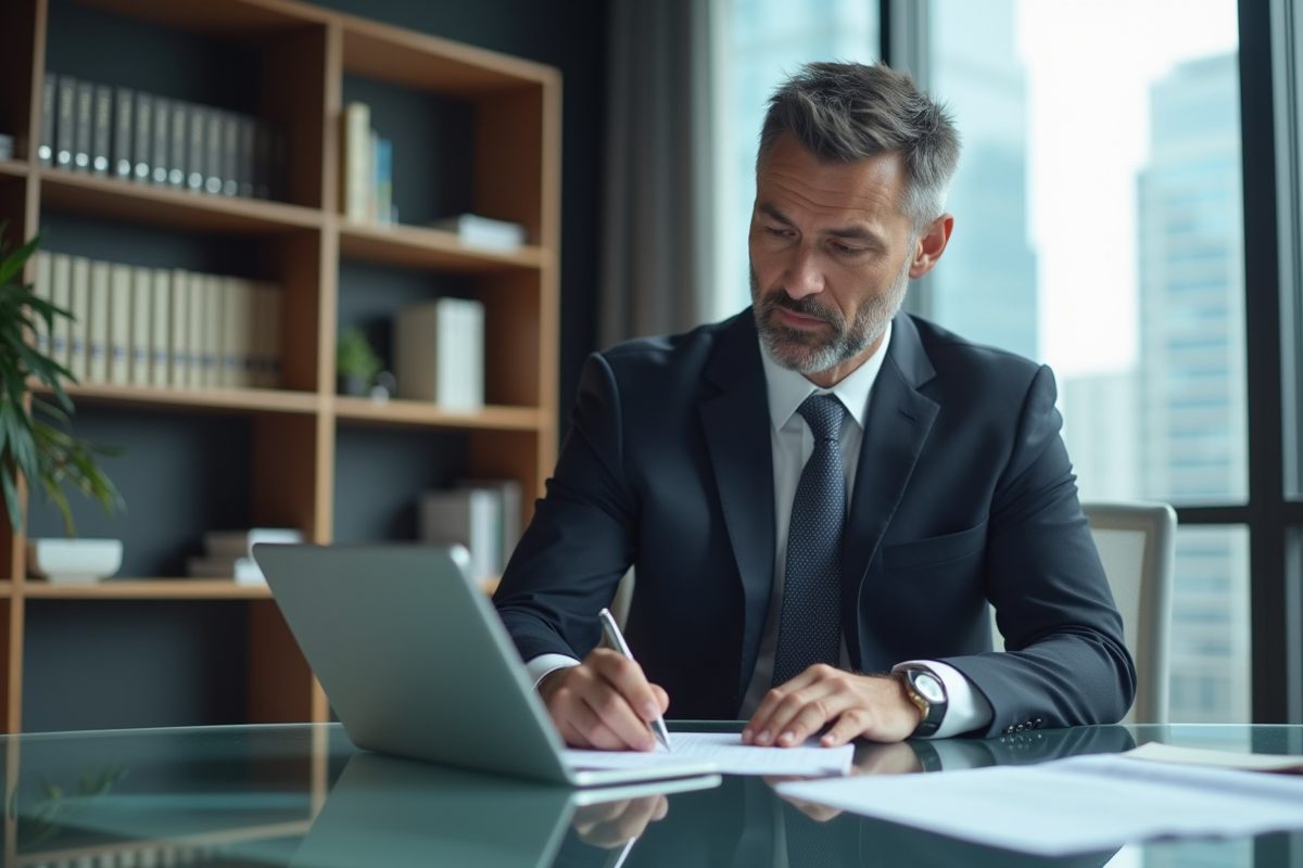 Homme d'affaires en costume vérifiant documents financiers