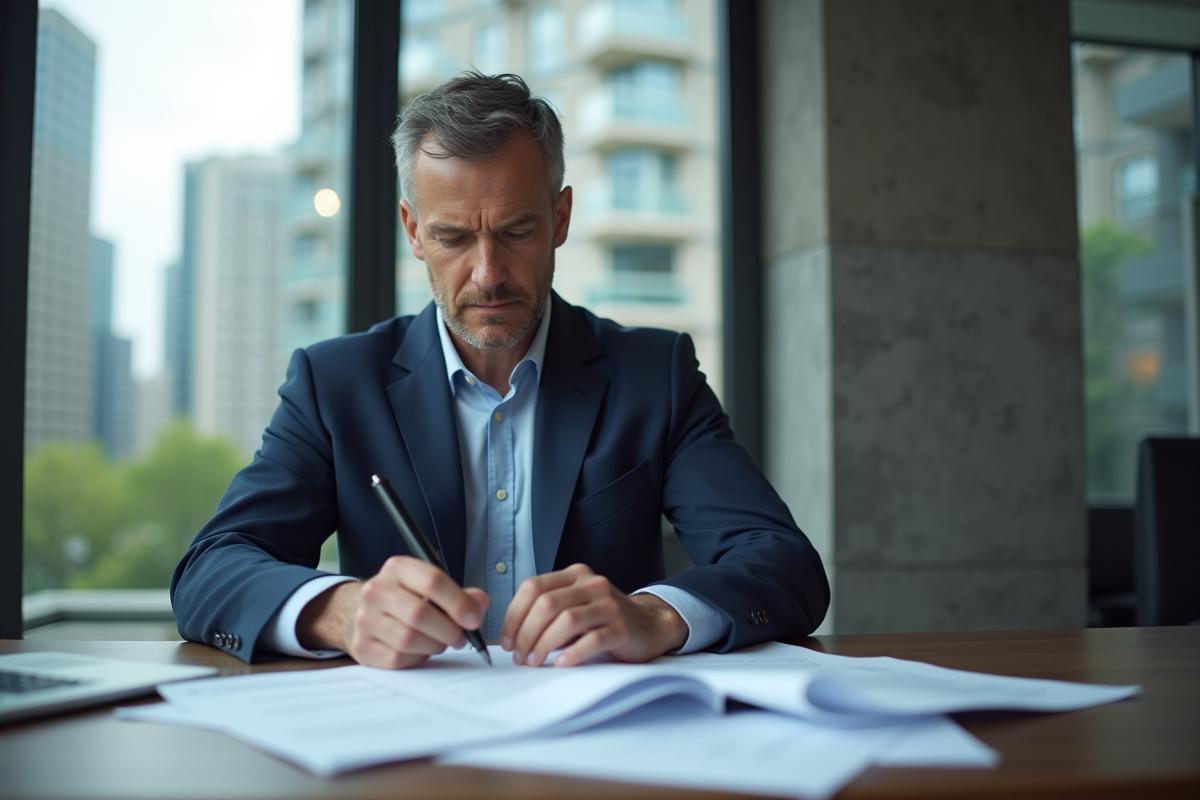 Homme d'affaires en costume bleu examinant des documents financiers