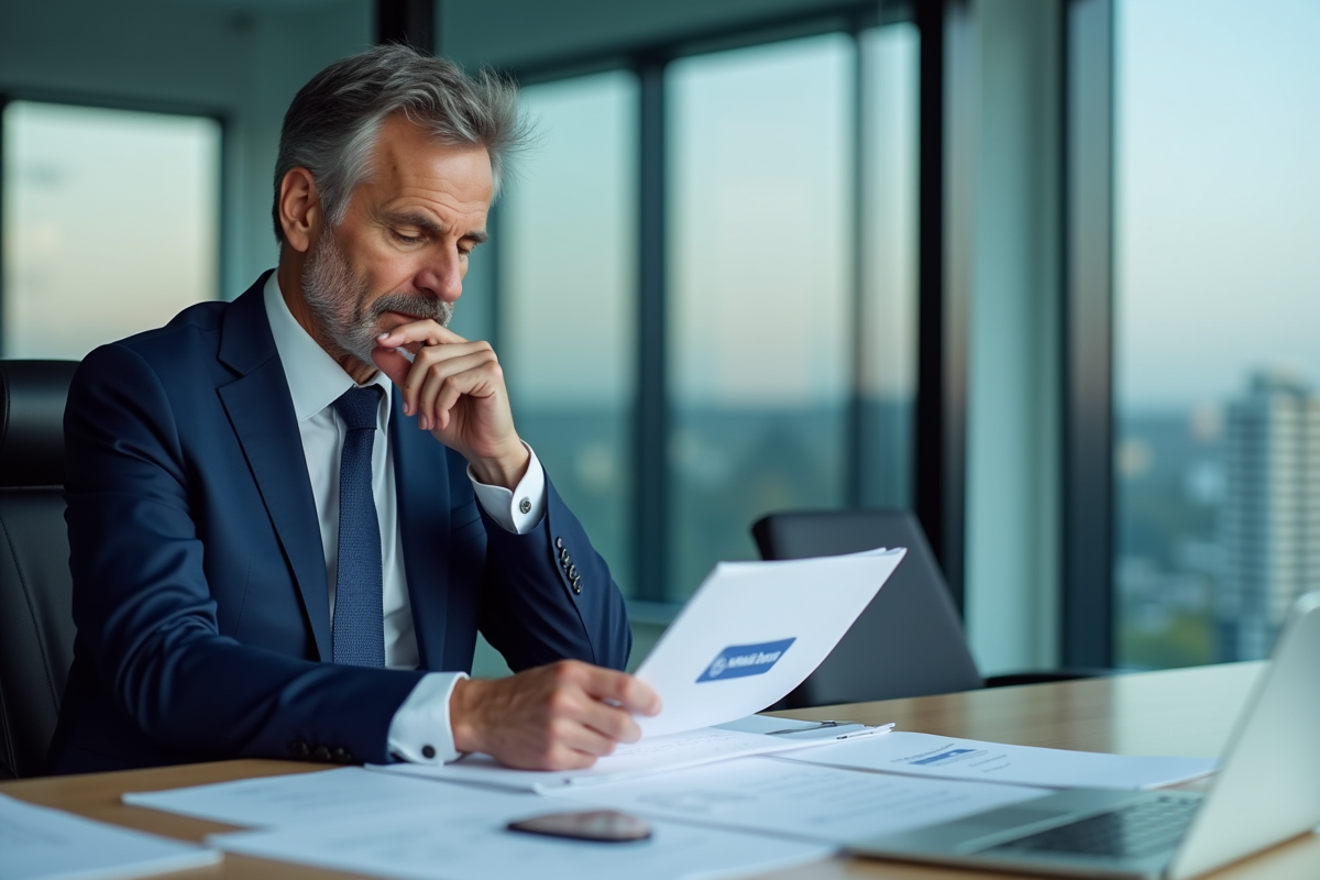 Homme d'affaires en costume bleu examinant un document avec logo