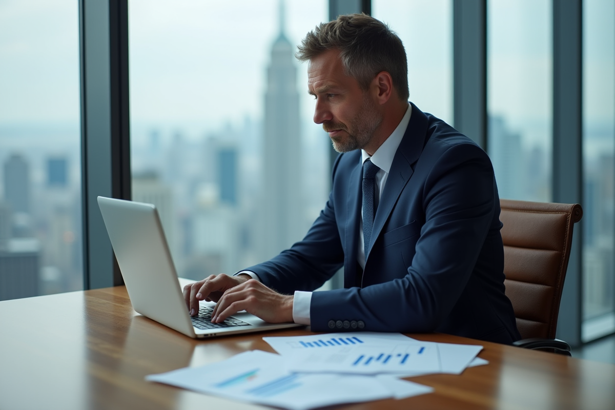 Homme d'affaires en costume regardant son ordinateur dans un bureau moderne