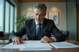 Homme d'affaires en costume examine des relevés bancaires