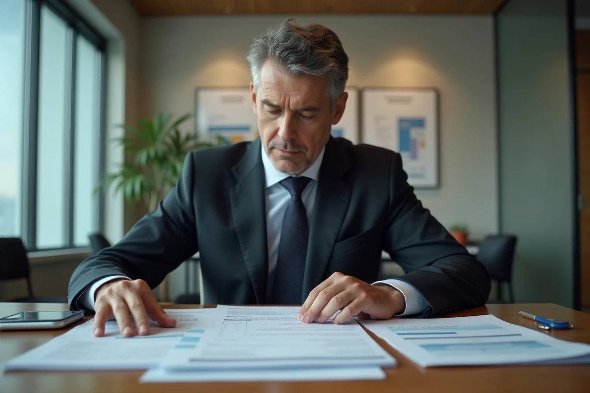 Homme d'affaires en costume examine des relevés bancaires