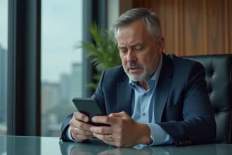 Homme d'affaires en costume regardant son smartphone