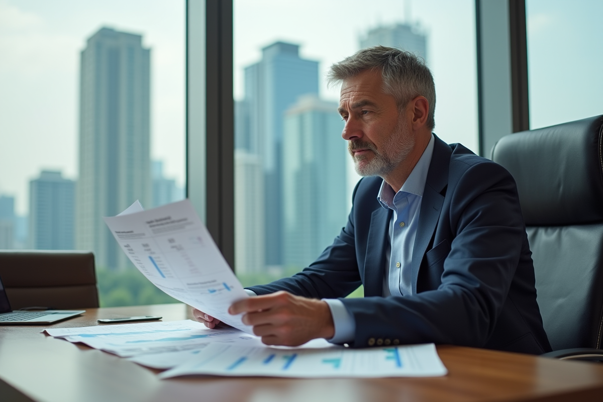Homme d'affaires en bureau moderne examinant des graphiques de taux d'intérêt