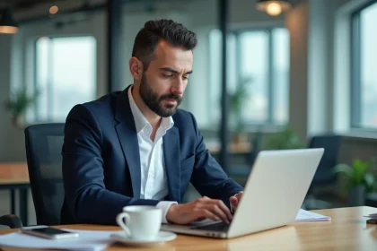 Homme d'affaires turc consultant un site d'assurance en ligne sur son ordinateur portable dans un bureau moderne d'Istanbul