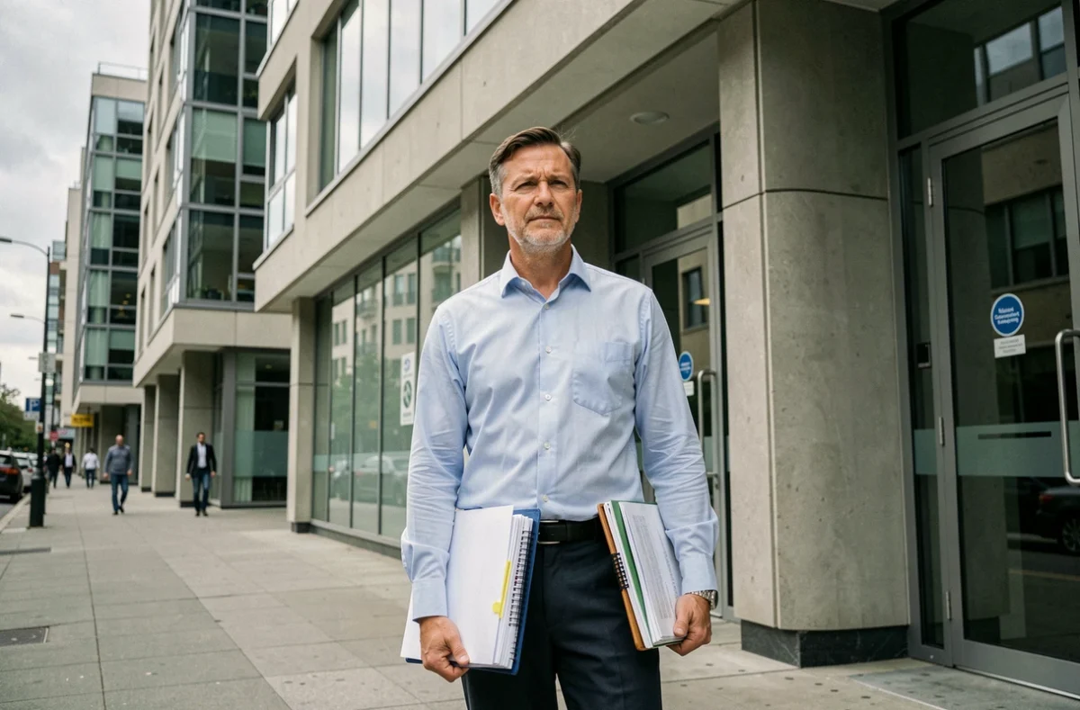 Homme devant une agence Pôle emploi tenant un dossier pour faire valoir ses droits aux allocations après démission