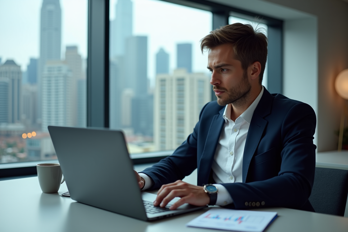 Homme en bureau analysant un graphique bitcoin