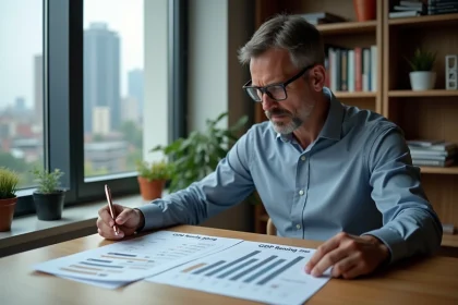 Homme d'âge moyen analysant un graphique GDP 2026 dans un bureau moderne