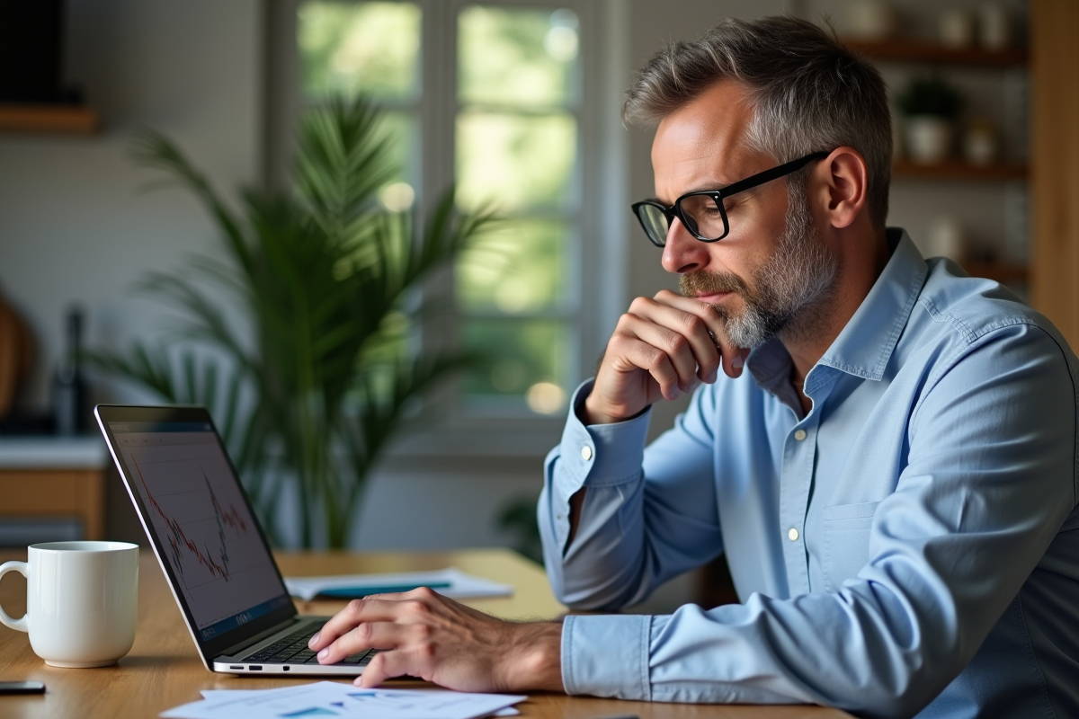 Homme d'âge moyen analysant des graphiques financiers sur un ordinateur