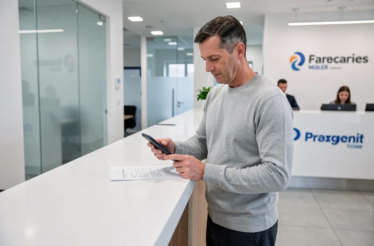 Homme comparant son application bancaire mobile et un document papier au comptoir d'une agence bancaire moderne