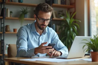 Homme utilisant une application Bitcoin dans un bureau moderne