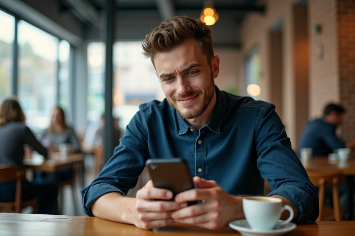 Homme perplexe consultant son application cashback Egraal sur smartphone dans un café