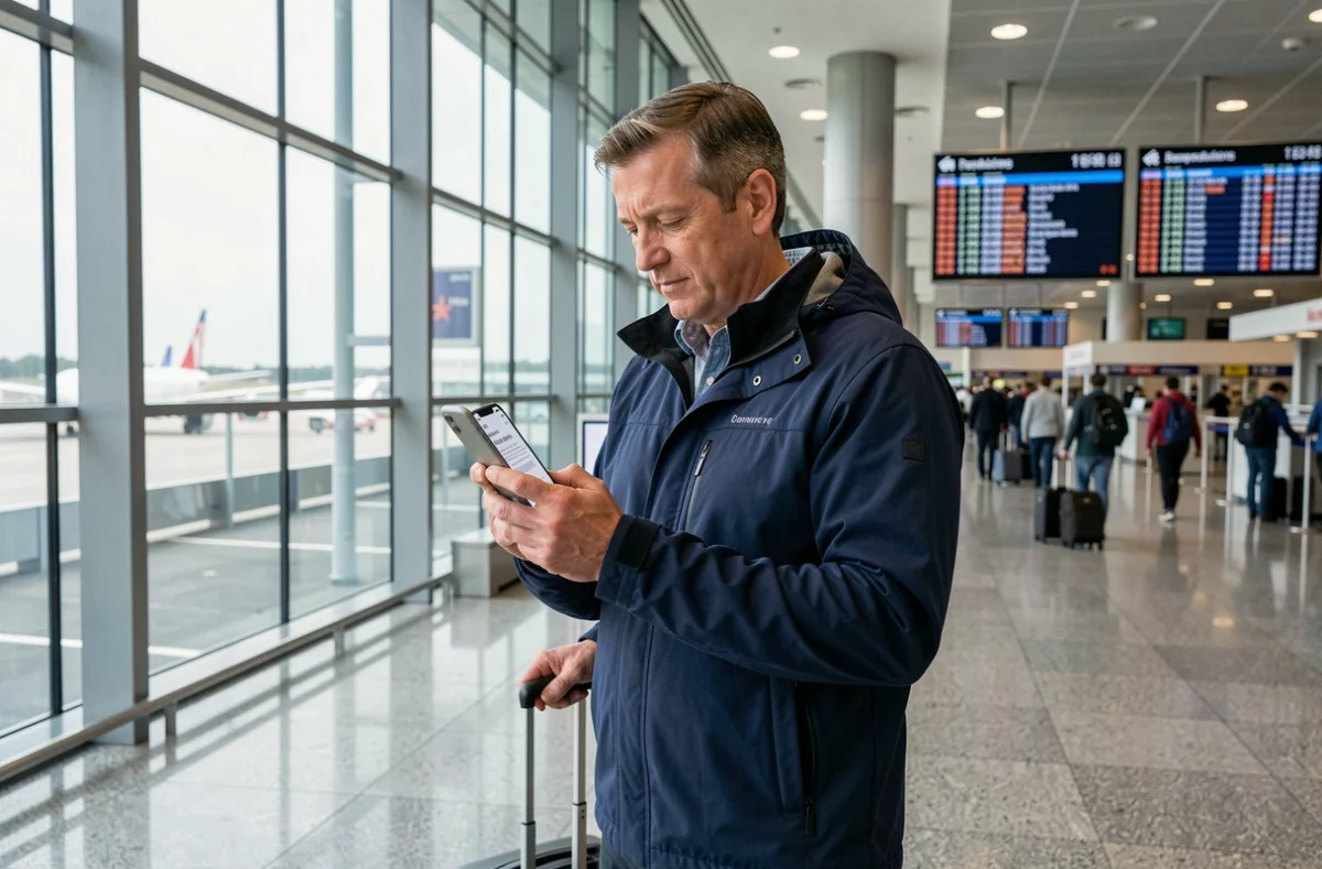 Homme vérifiant son assurance voyage ACS sur smartphone dans un aéroport international