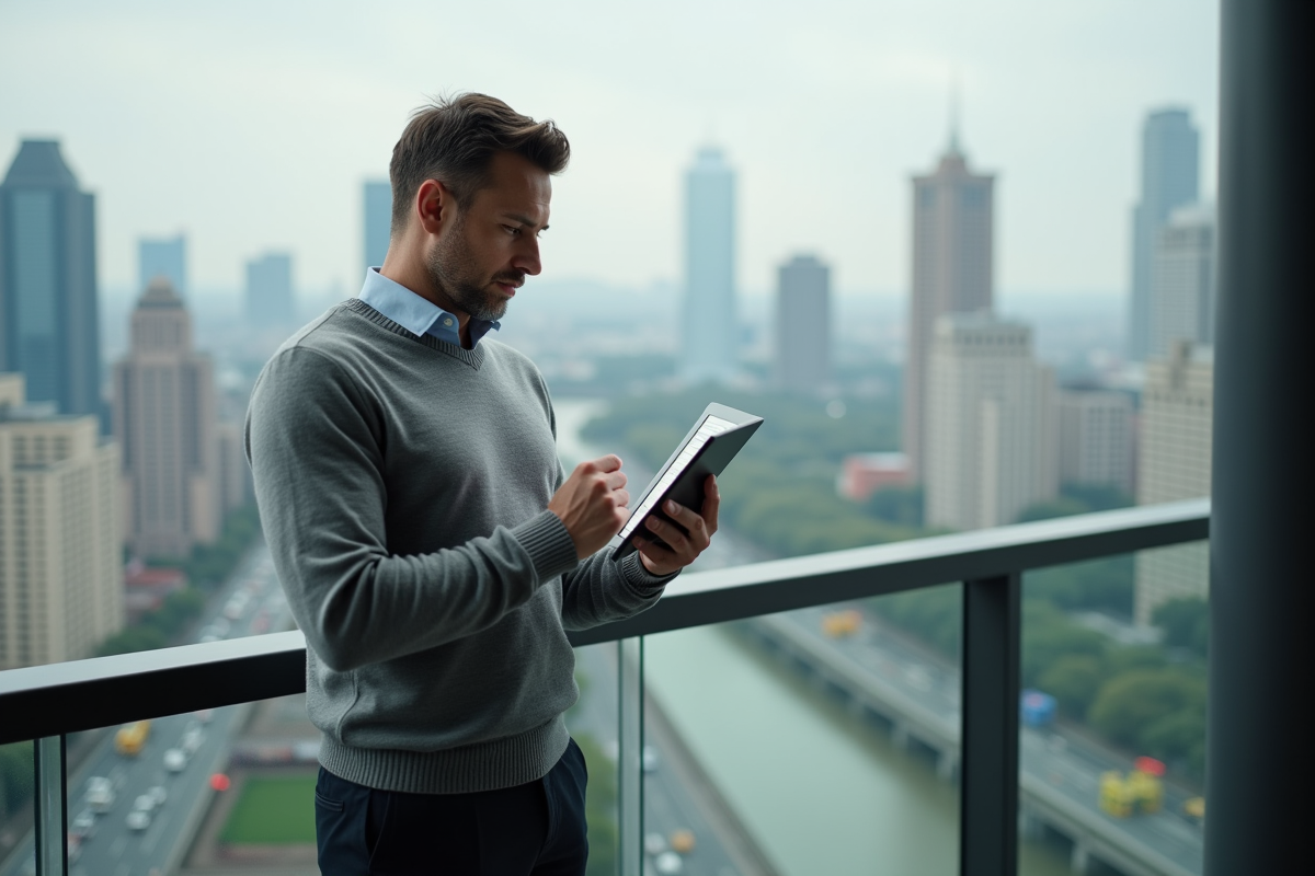Homme d affaires observant un graphique sur un balcon urbain