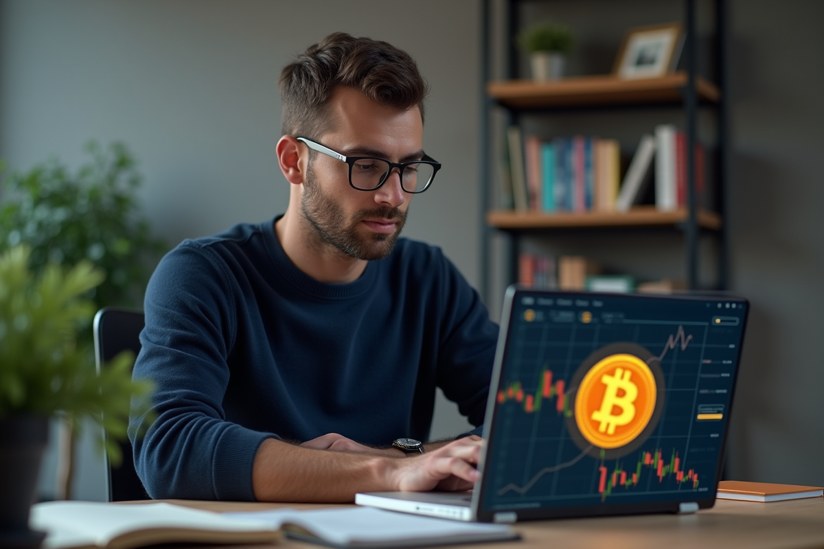 Homme concentré examinant un écran bitcoin dans un bureau moderne