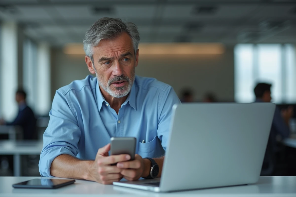 Homme en bureau consultant l'application bancaire Caisse d'Épargne en panne sur son téléphone